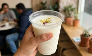 Thick creamy yogurt drink served sweet and chilled.